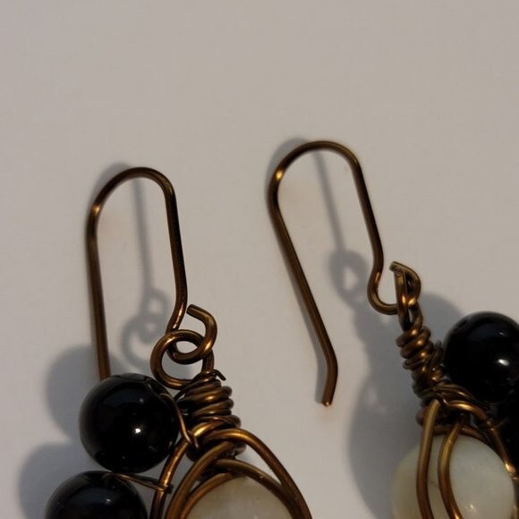 Handmade Wire Wrapped Dangle Earrings – Black & White Beaded Boho Jewelry - Picture 6 of 9